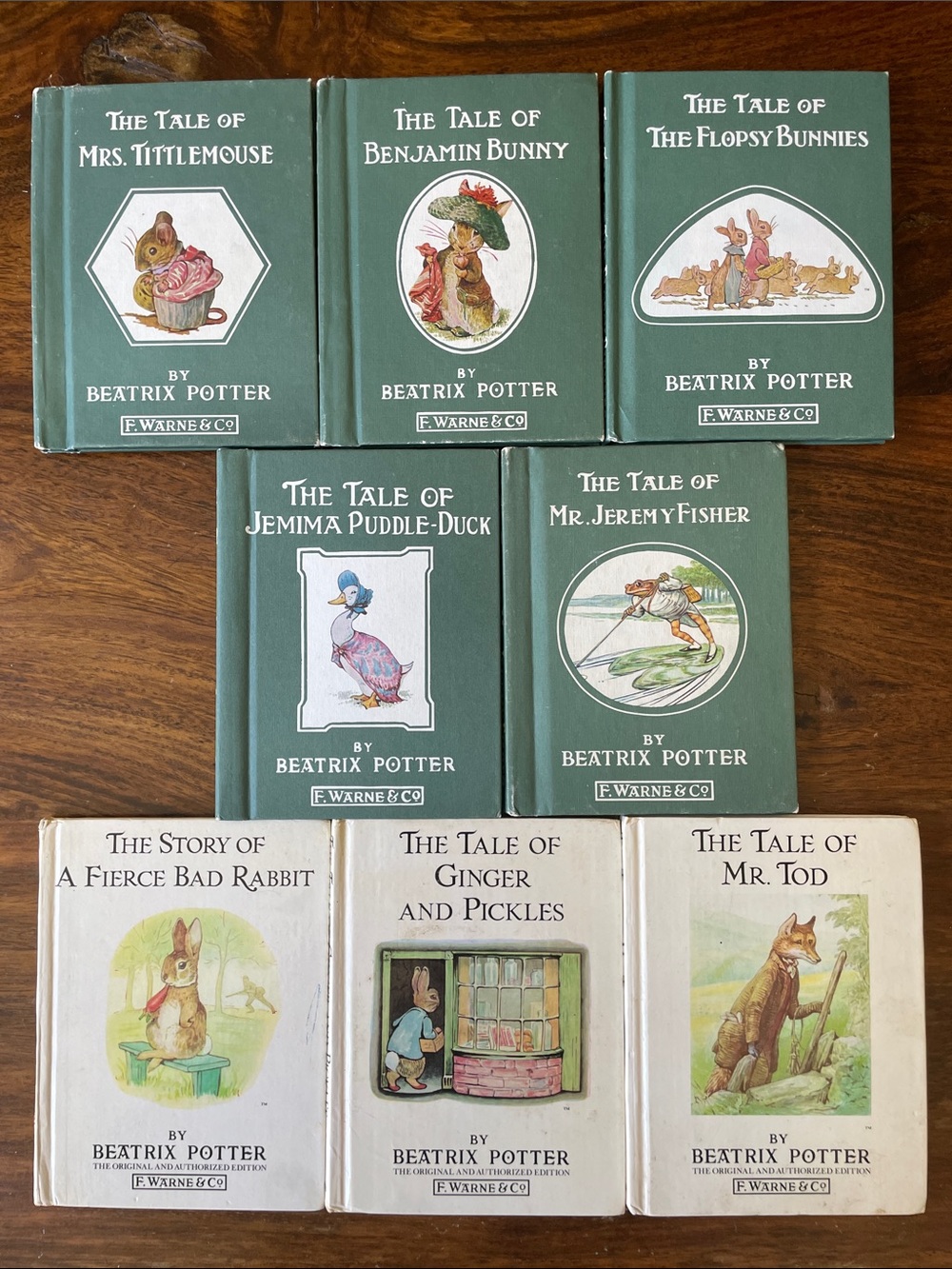 8 Beatrix Potter Hardcover Book Vintage Used Set of Eight Green & Cream Covers